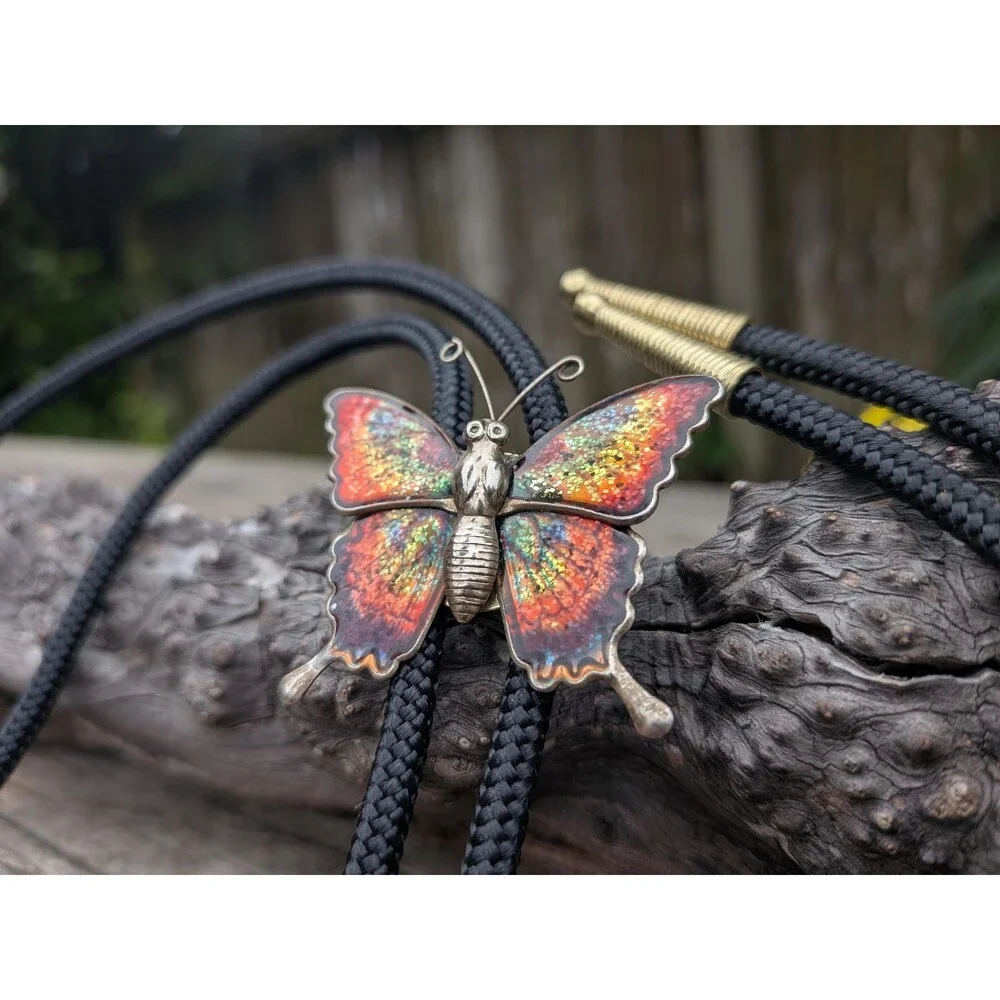 Handcrafted Stamped Metal Butterfly Bolo Tie, Butterfly Western Necklace
